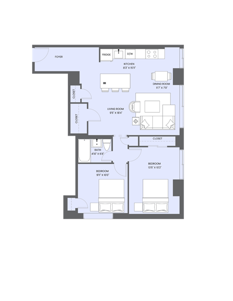 Floor plan for 2 beds, 1 bath